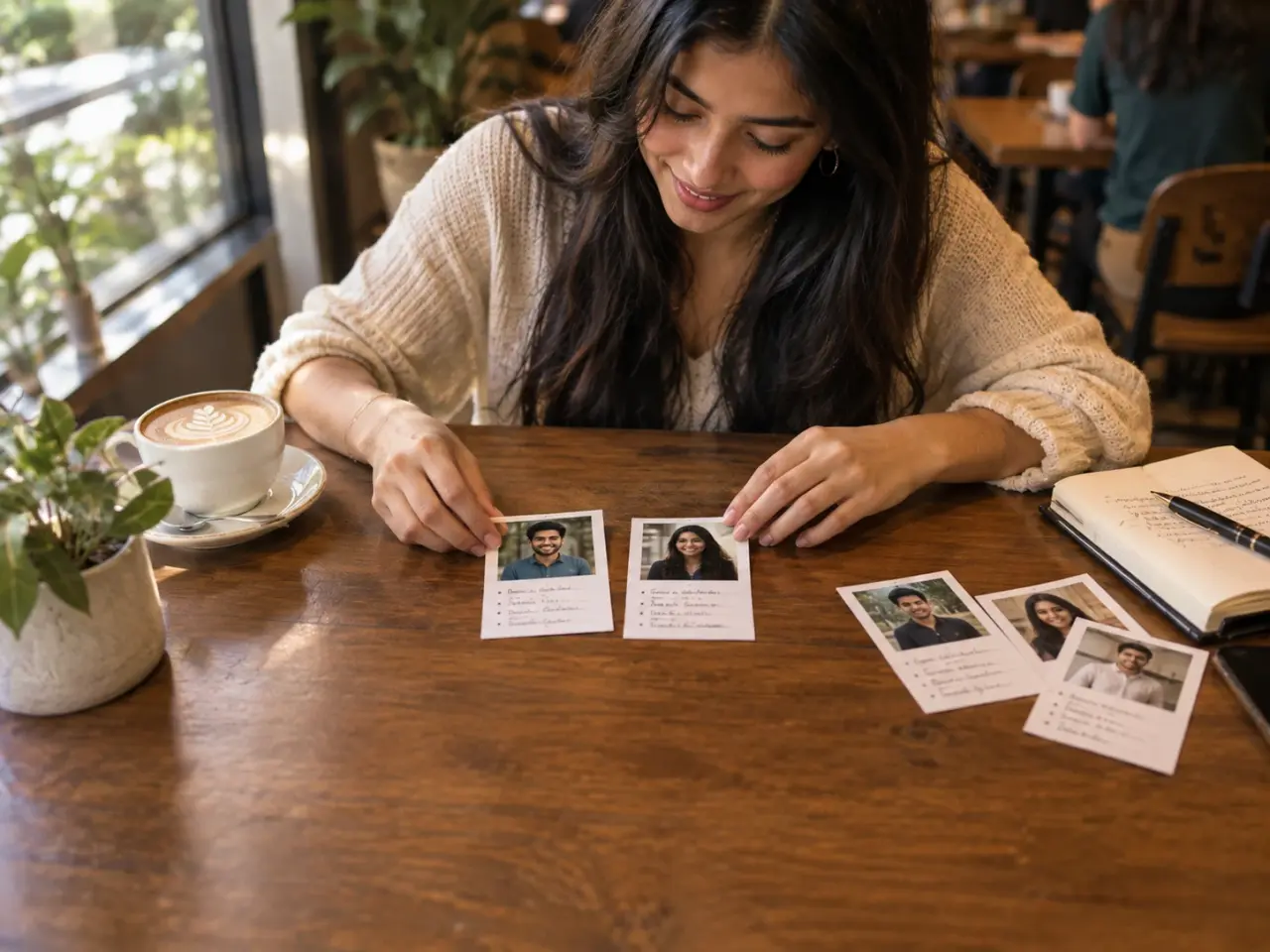 A woman at a café table placing two profile cards side by side to make a match