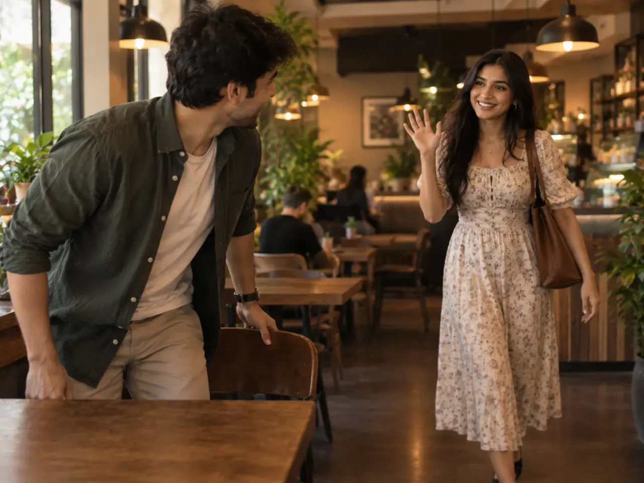 A man getting up from a café table as a smiling woman walks in and waves hello